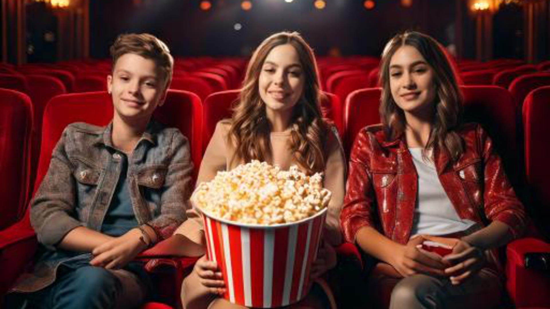 Biosalong, tre ungdomar med popcorn. AI-bild. 